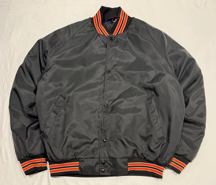 Black Bomber Jacket With Orange Striped Cuffs And Collar